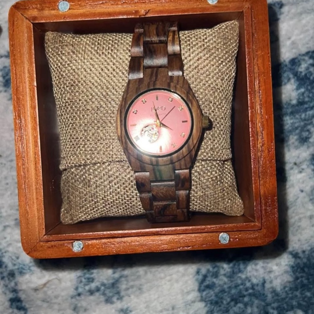 Pink and Brown Wooden Watch with Link Band